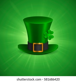 Saint Patrick's hat with clover. Isolated on green background. Vector Illustration, eps 10.
