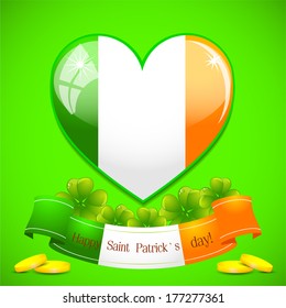 Saint Patrick's heart of Irish flag with ribbon and golden coins