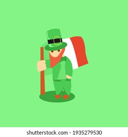 Saint Patrick's holding flag with green hat and red beard. isolated on green. For st. patrick day. flat design flat color flat cartoon