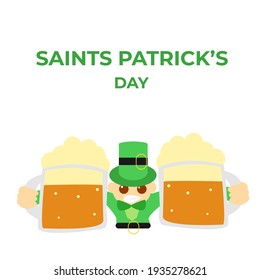 Saint Patrick's holding two beer with green hat. For St. Patrick's Day. Flat design flat color flat cartoon.
