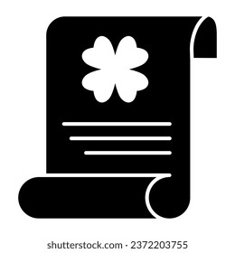 Saint Patricks holiday announcement solid icon. Paper sheet with text and clover glyph style pictogram on white background. Patrick day festive flyer for mobile concept, web design. Vector graphics