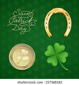 Saint Patrick's illustration set.  Symbols of good luck: clover & horseshoe. Vector illustration