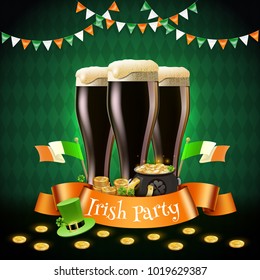 Saint patricks irish party composition with ribbon, beer, flags, hat of leprechaun, pot of gold vector illustration