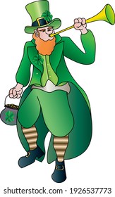 Saint Patrick's leprechaun character style of Irish theme with green outfit, horn and orange beard with top hat. Festive, party fun tradition in Ireland.  