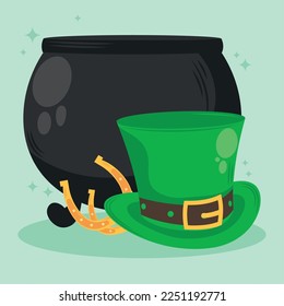 saint patricks leprechaun hat con iconos de cauldron