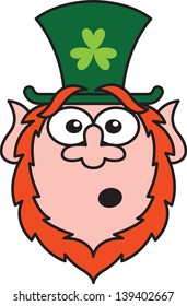 Saint Patrick's Leprechaun with red beard, a big green hat and a shamrock clover showing an expression of surprise