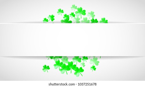 Saint patricks paper badge with shamrock. Lucky trefoil confetti. Glitter frame of clover leaves. Template for poster, gift certificate, banner. Happy saint patricks paper badge backdrop.