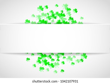 Saint patricks paper badge with shamrock. Lucky trefoil confetti. Glitter frame of clover leaves. Template for voucher, special business ad, banner. Festal saint patricks paper badge backdrop.