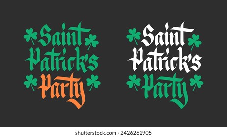 Saint Patrick's Party hand lettering with shamrock symbols. Vector illustration.