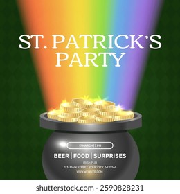 Saint Patricks party invitation card with cauldron, gold coins, rainbow. Vector illustration on green celtic background. Poster, flyer, banner concept