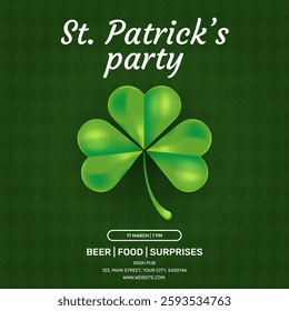 Saint Patricks party invitation with leaf shamrock. Vector illustration on green celtic background. Poster, flyer, banner concept