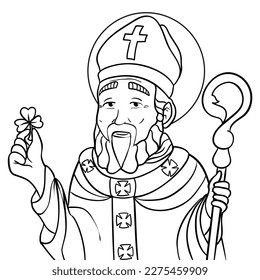 Saint Patrick's portrait with tunic, mitre, crosier and shamrock. Design in outlines for coloring activities.