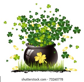 Saint Patrick's pot exploding in clovers and golden coins