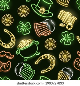 Saint Patrick's seamless pattern with neon glowing icons of shamrock, leprechauns hat, horseshoes, golden coins, treasure pot on dark background. Vector 10 EPS illustration.