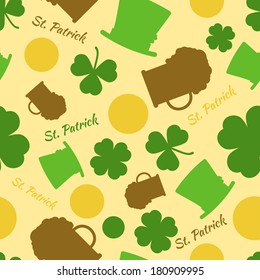 Saint Patrick's seamless vector pattern. Hat, beer, clover, coin. Saint Patrick's holiday. Minimal design. Easy to edit. Use for wallpaper, pattern fills, web page background, surface textures. 