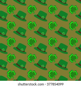 Saint Patrick's seamless vector pattern. Hats and clovers. Saint Patrick's holiday. Minimal design. Easy to edit. Use for wallpaper, pattern fills, web page background, surface textures.