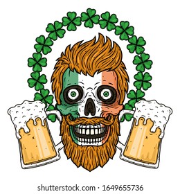 Saint Patricks skull with glass of beer and clover leaves. Skull. Irish skull. Saint Patricks Day illustration.