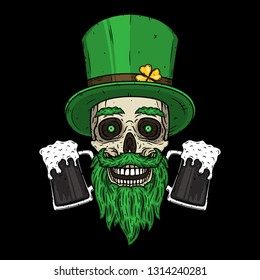 Saint Patrick's skull with green hat, glass beer and clover leaves. Skull. Irish skull. 