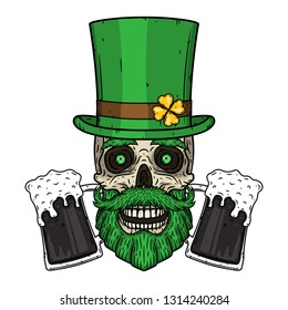 Saint Patrick's skull with green hat, glass beer and clover leaves. Skull. Irish skull. 
