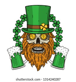 Saint Patrick's skull with green hat, glass beer and clover leaves. Skull. Irish skull. 