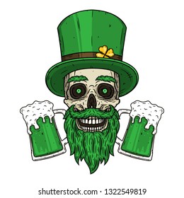 Saint Patrick's skull with green hat and glass beer. Skull. Irish skull. 