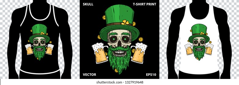 Saint Patrick's skull with green hat, glass beer and clover leaves. Skull. Irish skull. Vector illustration for printing on t-shirts, stickers, posters and more.