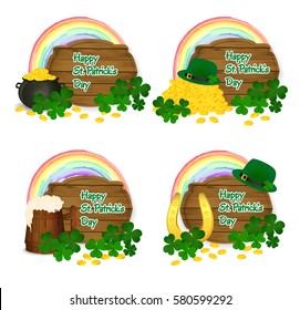 Saint Patrick's symbols vector - pot og gold, rainbow, beer mug, horseshoe, green hat and clover.