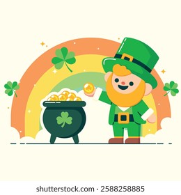 saint patrics day, Irish holiday flat illustration, rainbow, coins, pot, clover