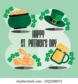 Saint patrikc's day collection, coins, drink, hat and four-leaf clover