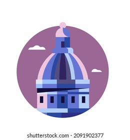 Saint Paul cathedral inspired London travel icon with anglican church dome in geometric flat design.