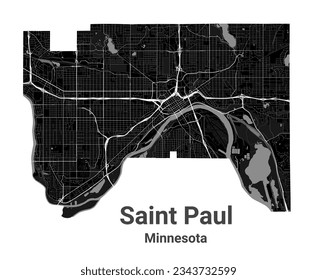 Saint Paul city map, capital of the USA state of Minnesota. Municipal administrative borders, black and white area map with rivers and roads, parks and railways. Vector illustration.