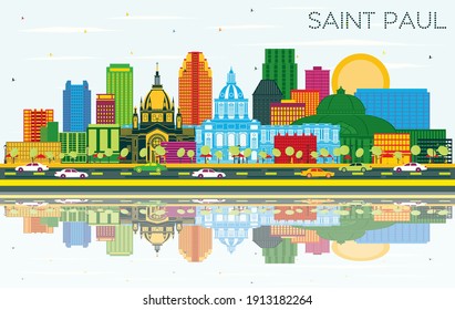 Saint Paul Minnesota City Skyline with Color Buildings, Blue Sky and Reflections. Vector Illustration. Business Travel and Tourism Concept with Historic Architecture. Saint Paul USA Cityscape.