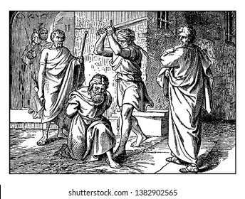 Saint Paul sat on knees and soldeir raised  a sword on his head.Two men stood beside him, vintage line drawing or engraving illustration.