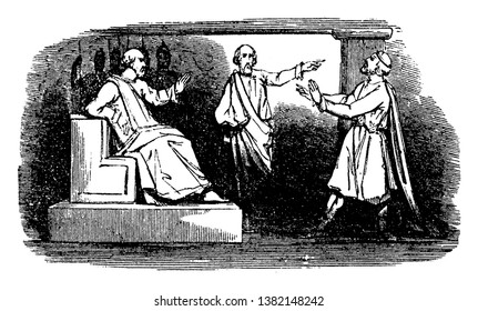 Saint Paul stood in front of Governor Antonius Felix with raised hands.Some soldiers stood beside Governor in shadow, vintage line drawing or engraving illustration.