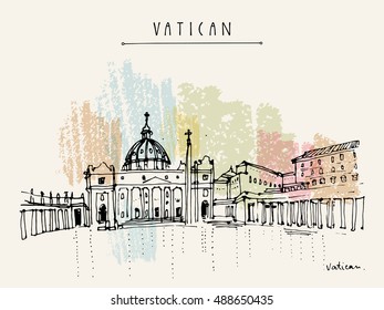 Saint Peter cathedral and Apostolic Palace in Vatican city, Europe. Hand drawing. Travel sketch. Vintage touristic postcard, poster, calendar or book illustration in vector