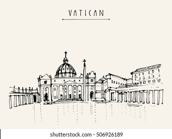 Saint Peter cathedral and Apostolic Palace in Vatican city, Europe. Hand drawing. Travel sketch. Vintage touristic postcard, poster, calendar or book illustration in vector