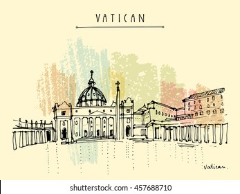 Saint Peter Papal Basilica (Basilica Papale di San Pietro in Vaticano) and Piazza San Pietro in Vatican city, Europe. Hand drawing. Vintage touristic postcard, poster, calendar  illustration in vector