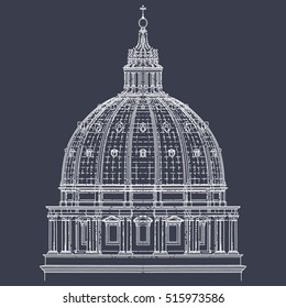 Saint Peter's Basilica Rome Vatican City draw illustration hand draw technical drawing architectural monument. Vector lines detail