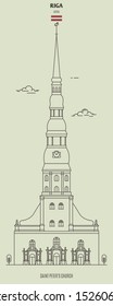 Saint Peter's Church in Riga, Latvia. Landmark icon in linear style