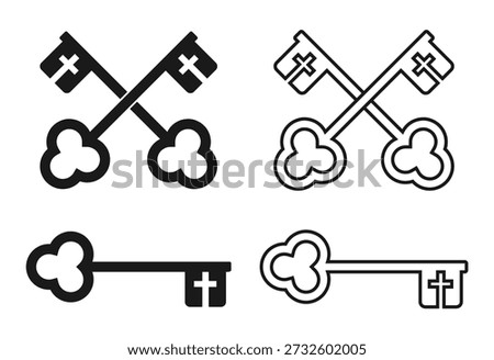 Saint Peters keys symbol. St. Peter key icon sign. Christianity and roman catholic symbol. Pope insignia. Vector illustration image.