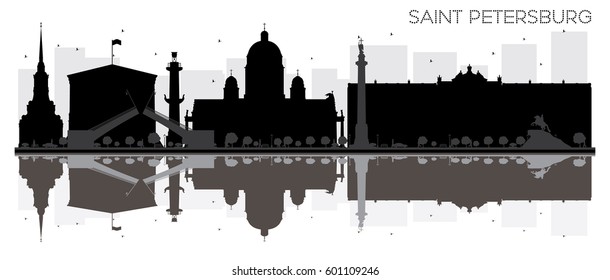 St. Petersburg City Skyline schwarz-weiß Silhouette mit Spiegelungen. Vektorgrafik. Einfaches flaches Konzept für touristische Präsentation, Banner, Plakate oder Web. Stadtlandschaft mit Sehenswürdigkeiten.