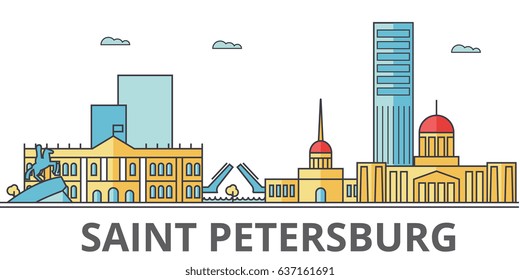 Saint Petersburg city skyline: buildings, streets, silhouette, architecture, landscape, panorama, landmarks. Editable strokes. Flat design line vector illustration concept. Isolated icons