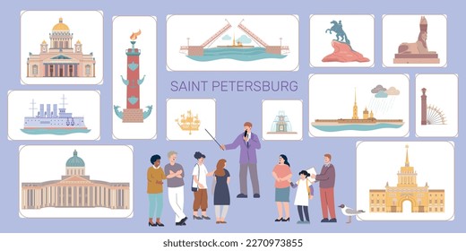 Saint petersburg flat infographic composition with group of tourists guide and icons of famous sightseeing landmarks vector illustration