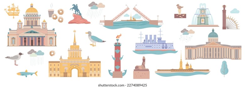 Saint petersburg flat set of isolated icons with birds fishes drawing bridges fountains and castle buildings vector illustration
