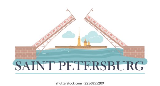 Saint petersburg flat text composition with isolated view of drawing bridge and historic buildings ornate letters vector illustration