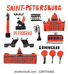 Saint Petersburg. Funny hand drawn illustration of different attractions. . Sketch. Vector.