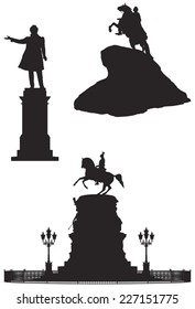 Saint Petersburg monuments vector silhouettes, Peter the Great, Bronze Horseman, Tsar Peter I, Aleksandr Pushkin, famous Russian poet, Russian Emperor Nicholas I, Tsar Nicholas I, Russian Landmarks