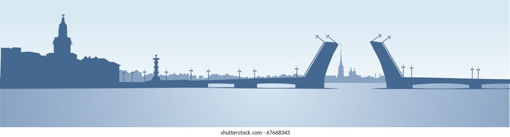 Saint Petersburg  Panorama, Russian Landmark, Neva River bascule bridge between Palace Square and Vasilievsky Island, Rostral column, Kunstkamera,  Peter and Paul fortress, Mosque, White Nights