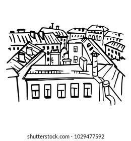 Saint Petersburg rooftops. Vector black outline illustration of old city from the height of bird flight