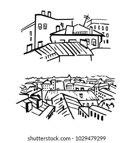 Saint Petersburg rooftops. Vector black outline illustration of old city from the height of bird flight